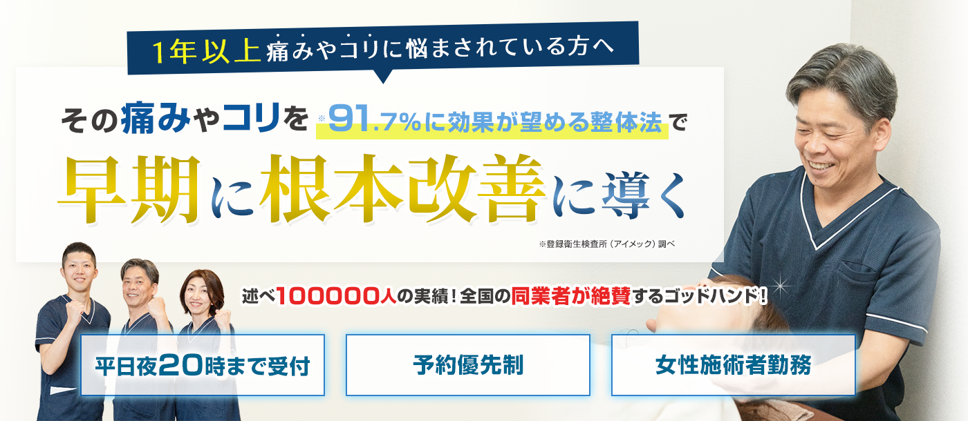 1年以上痛みやコリに悩まされている方へ、91.7%に効果が望める整体法で早期に根本改善に導きます!